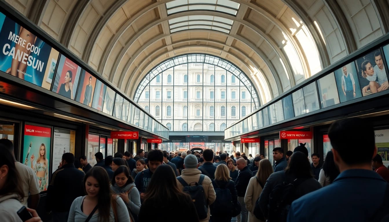 Menschen nutzen Metro Mailand am belebten Bahnhof mit einzigartiger Architektur.