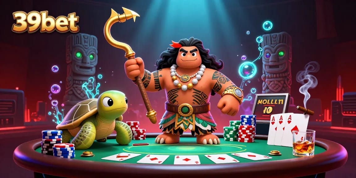 39bet cartoon demigod and turtle play poker at a vibrant casino table.