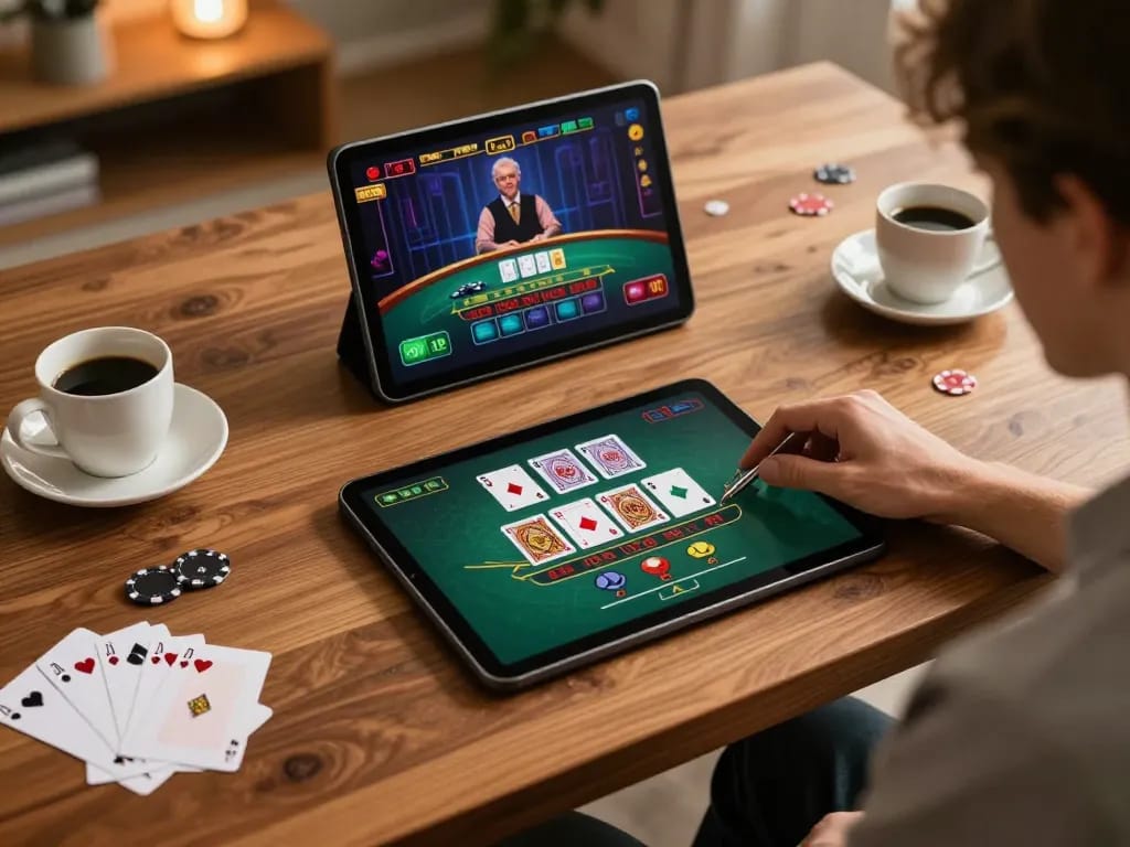 Engaging online gaming scenario featuring live blackjack with the link vào vmax prominently displayed on the tablet screen.