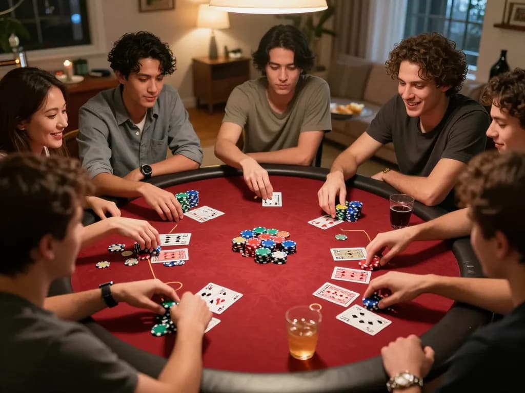 33WIN players engaging in a lively home poker game, showcasing strategy and camaraderie.