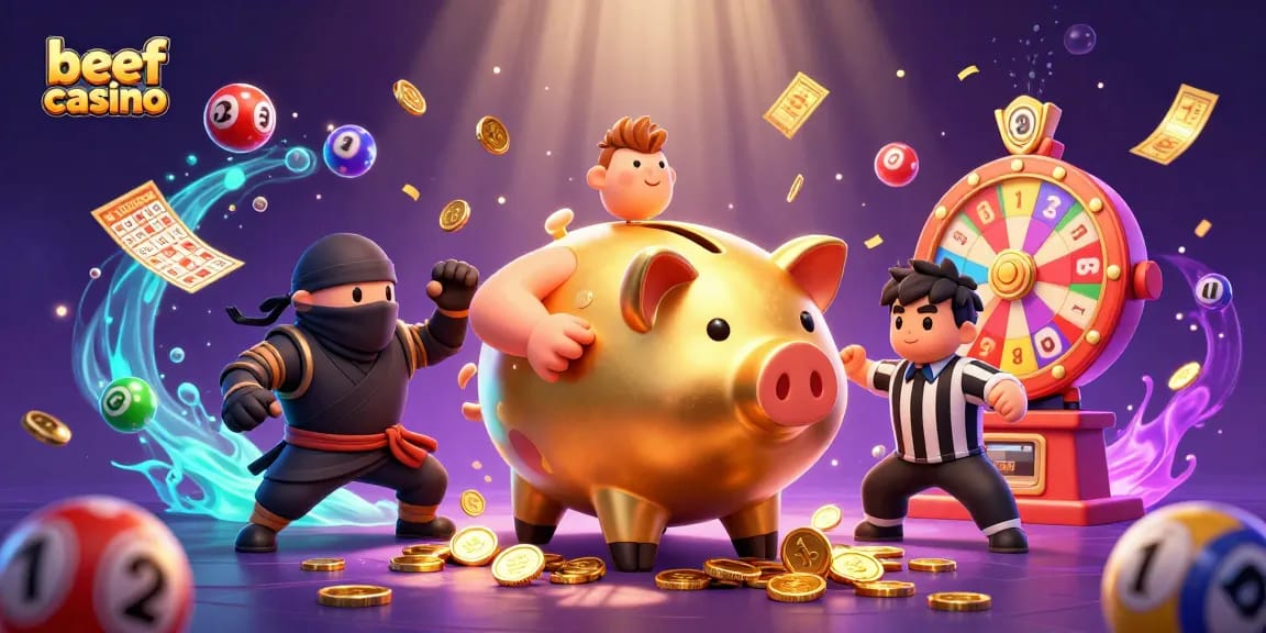 Die aufregende Welt von Beef Casino mit bunten Lotteriebällen und einem goldenen Sparschwein