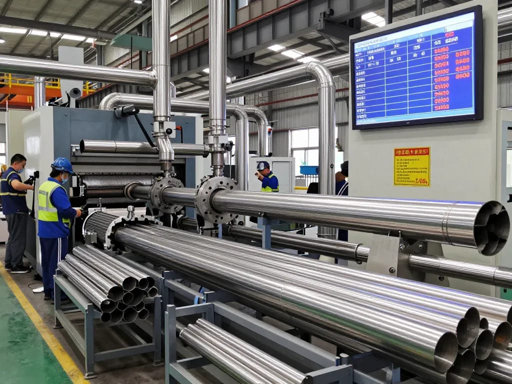 Stainless steel pipe production at a factory showcasing sumwin's quality engineering processes.