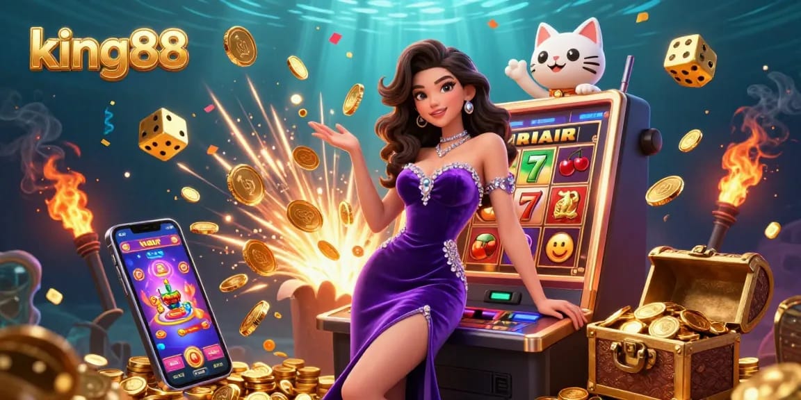 Experience king88 slot excitement with a glamorous woman next to a jackpot machine and a waving fortune cat.