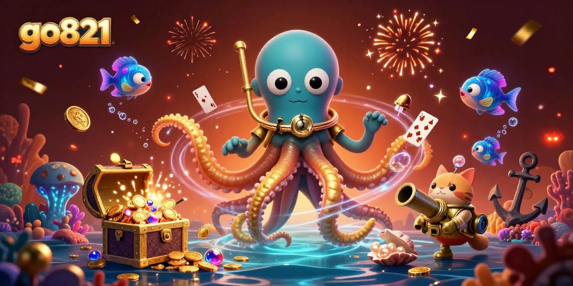 Experience the thrill of go821 with a kraken and diving cat amidst a treasure-filled ocean.