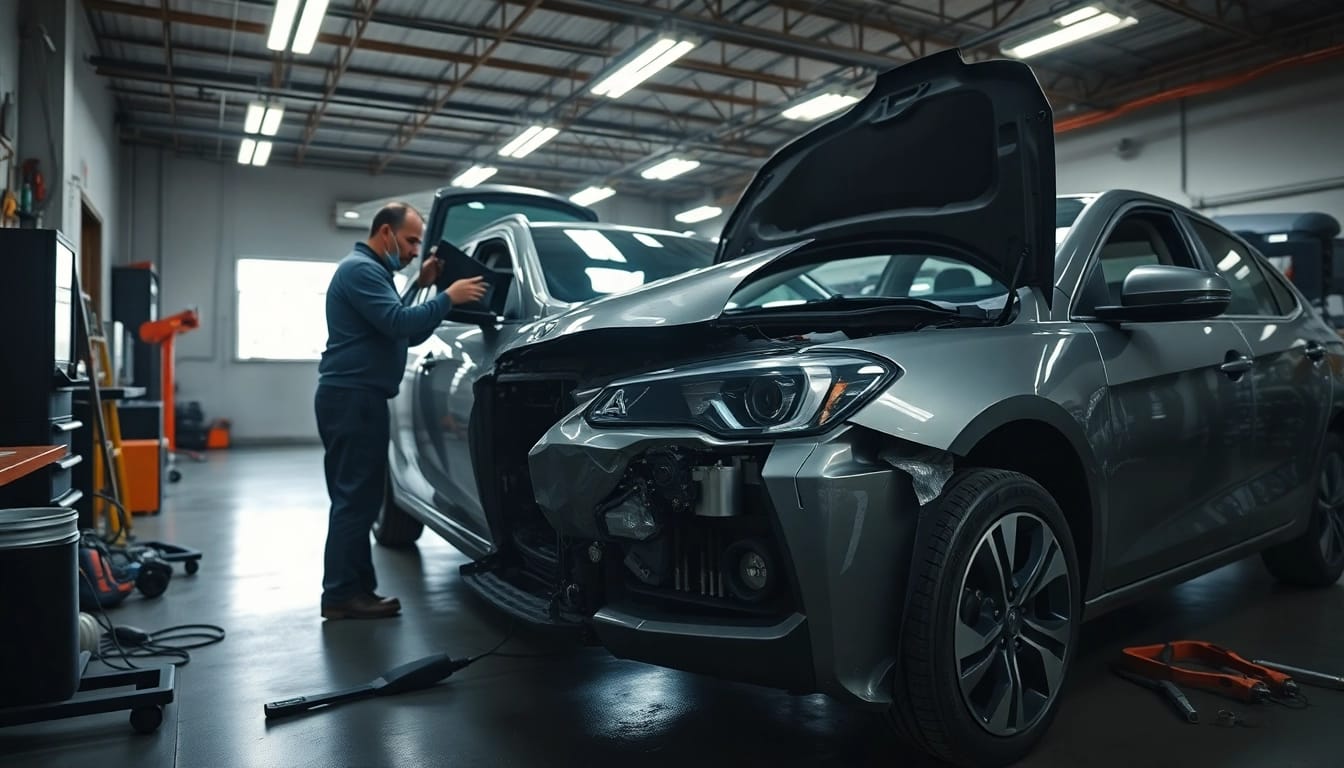 Auto mit Motorschaden verkaufen: Mechaniker bewertet beschädigtes Fahrzeug in einer Werkstatt.