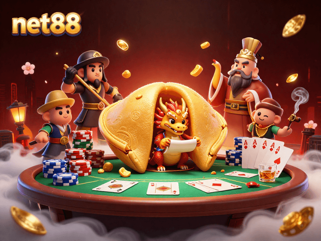 Join the excitement at net88 with an animated scene featuring poker chips and a golden fortune cookie.