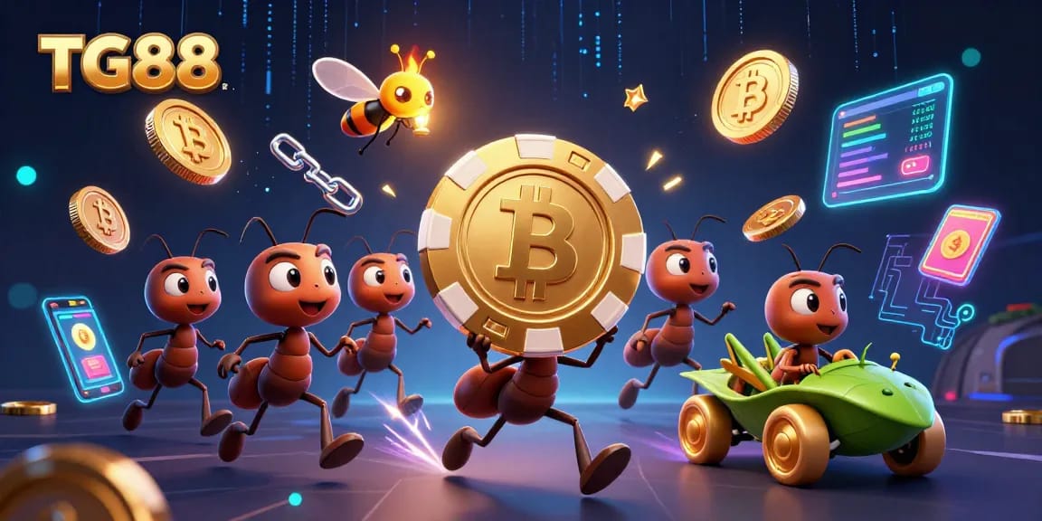 Experience thrilling gameplay with TG88's dynamic heist scene featuring 3D ants, crypto elements, and vibrant casino visuals.
