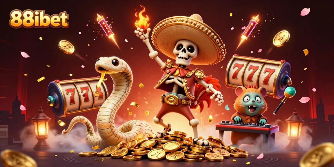 Experience the excitement of 88ibet with a vibrant casino scene featuring dancing characters and slot elements.
