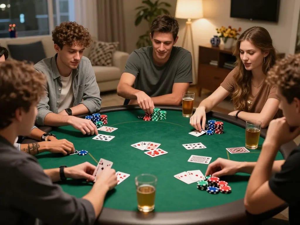 Engaged friends playing poker with chips and cards in vibrant atmosphere at lc88 home game night.