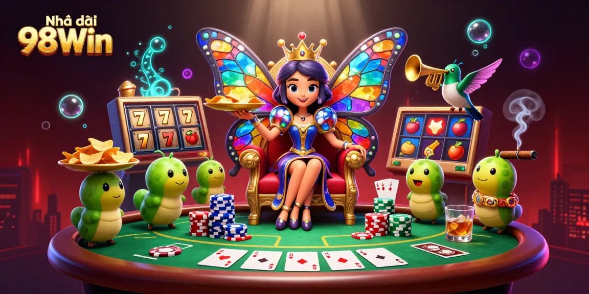 Engage in thrilling gaming with Nhà cái 98Win's vibrant 3D casino illustration featuring a colorful butterfly queen and poker elements.