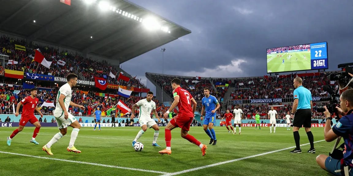 WM Fußball im Stadion mit Spielern in Aktion, leidenschaftlichen Zuschauern und dramatischer Atmosphäre