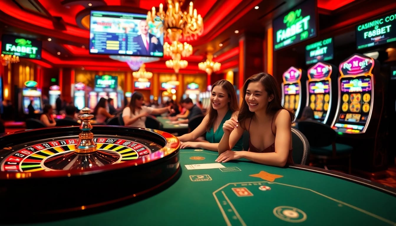 Experience excitement at F8BET COM with players engaging at high-stakes poker tables and vibrant casino games.