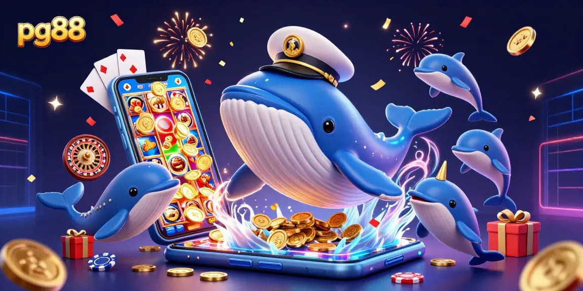 Experience thrilling gameplay at pg88 with a cartoon whale, narwhal, and dolphins amid casino excitement.