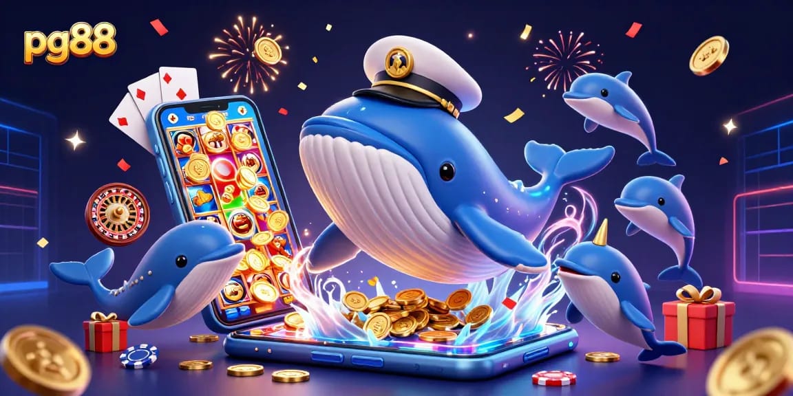 Experience thrilling gameplay at pg88 with a cartoon whale, narwhal, and dolphins amid casino excitement.
