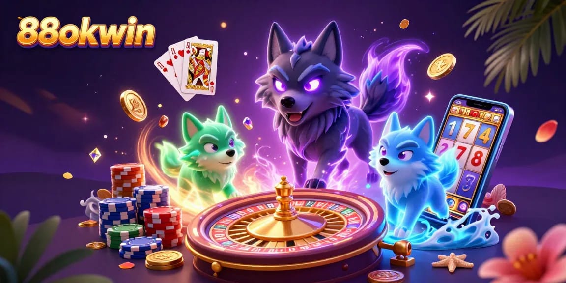Experience the thrill of winning with 88okwin through a vivid 3D scene featuring vibrant casino elements.