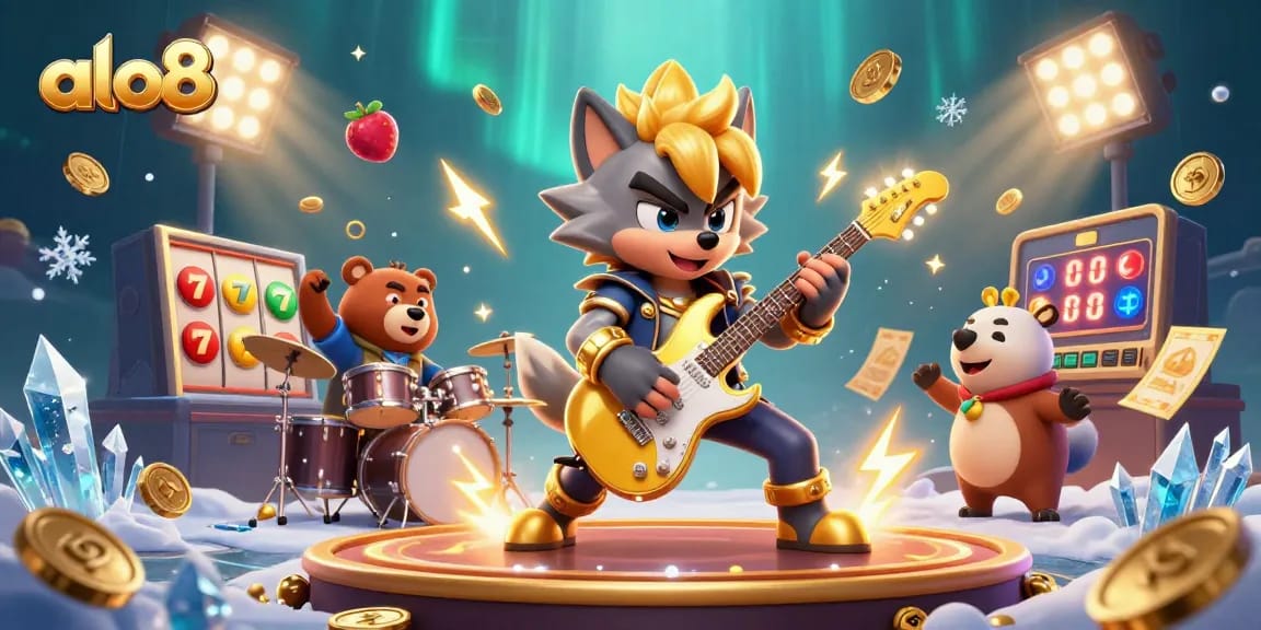 Alo8 offers thrilling gaming with a vibrant 3D scene showcasing a rock star wolf and a drummer bear performing in a dynamic casino environment.