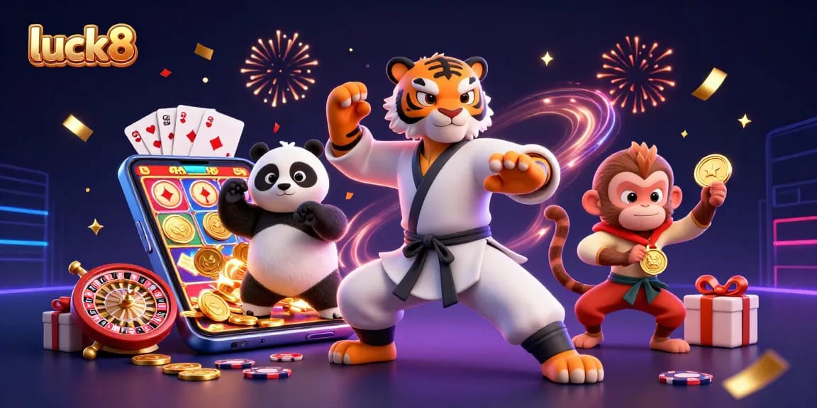 Witness luck8 in action as a kung fu tiger leads, surrounded by casino games and celebrations.