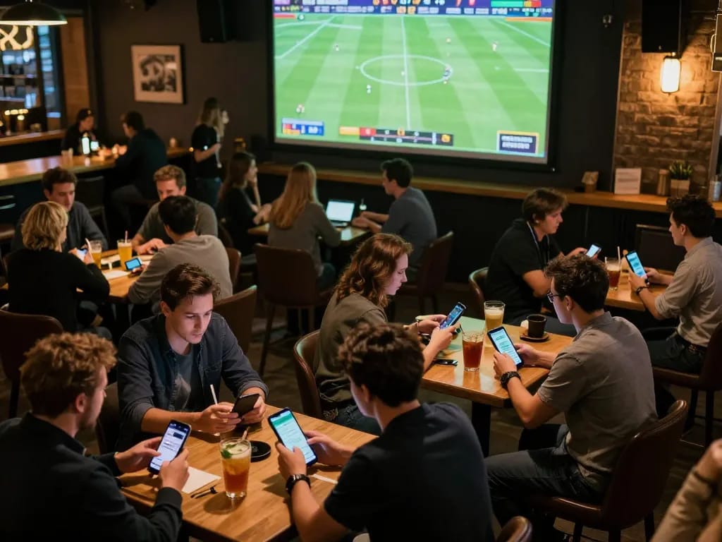 Football predictions displayed on smartphones during a lively sports betting event.