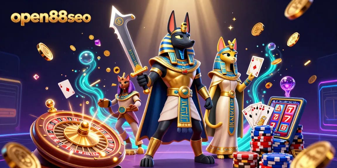 Win at open88seo with a stylish 3D casino scene featuring Anubis and Bastet.