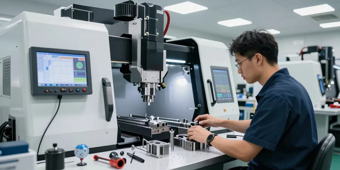 Präzisionstechnik in einer modernen CNC-Bearbeitungswerkstatt mit einem Techniker, der hochwertige Bauteile überprüft.