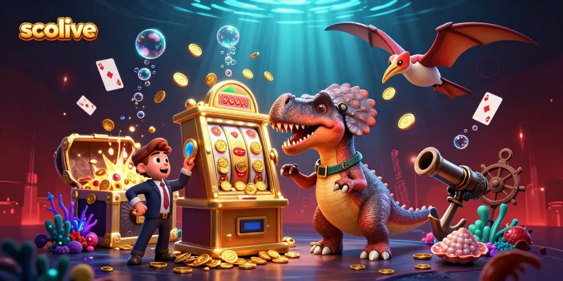 Socolive showcases a dynamic casino scene as a pachycephalosaurus hits a jackpot machine, surrounded by golden coins.