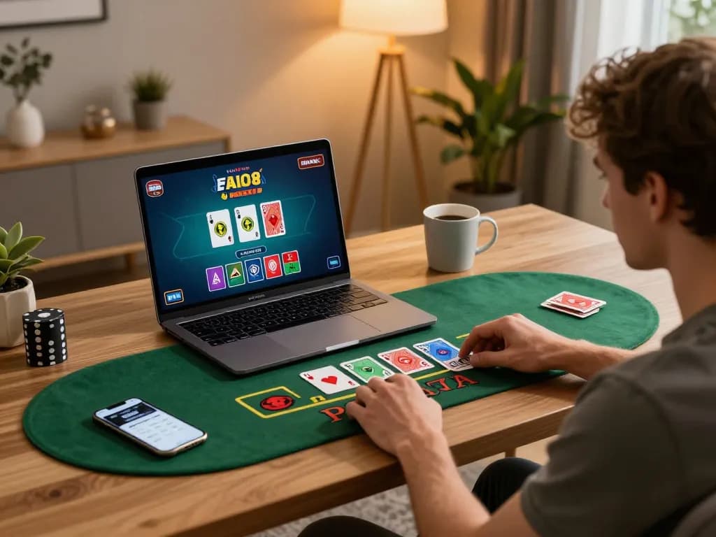Player analyzing odds while engaging in ALO8 PRO's live dealer blackjack in a cozy modern setup.