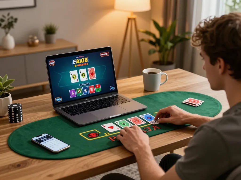 Player analyzing odds while engaging in ALO8 PRO's live dealer blackjack in a cozy modern setup.