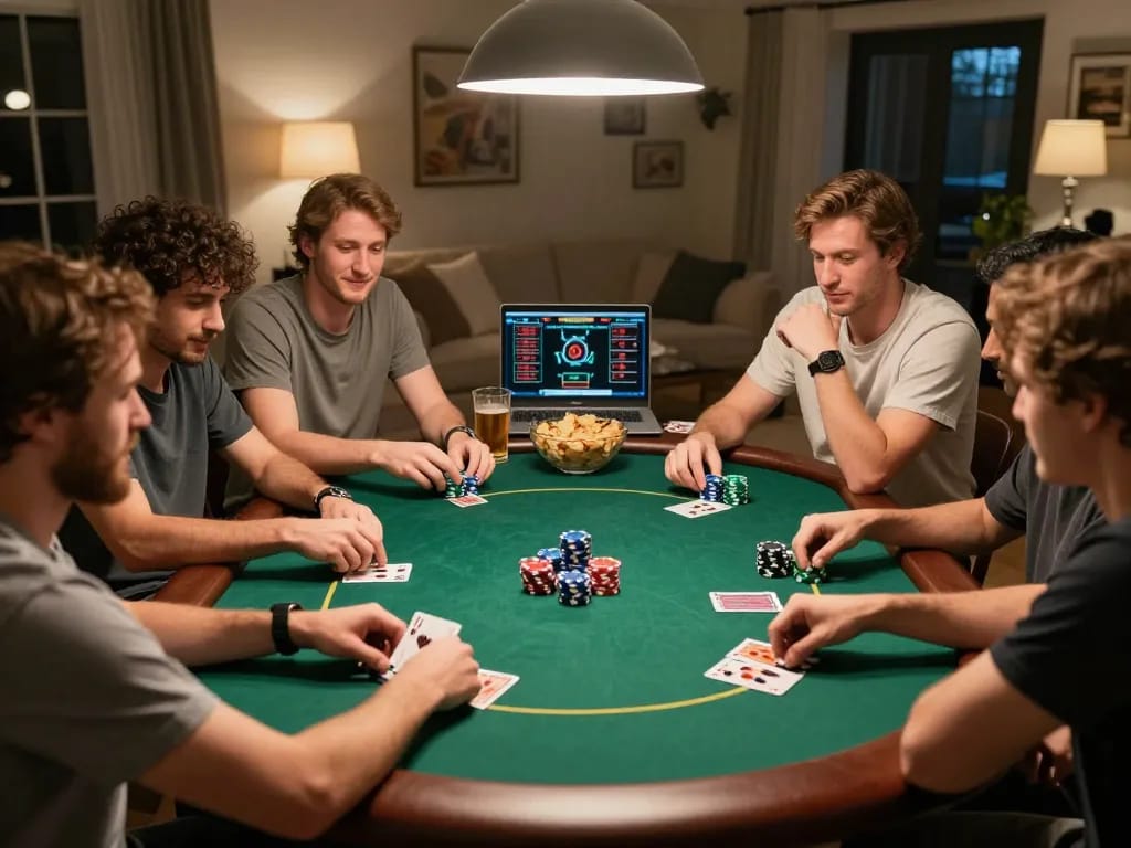 Migliori siti non AAMS presentati in una serata poker tra amici, mostrando giocatori in un gioco strategico con fiches e carte