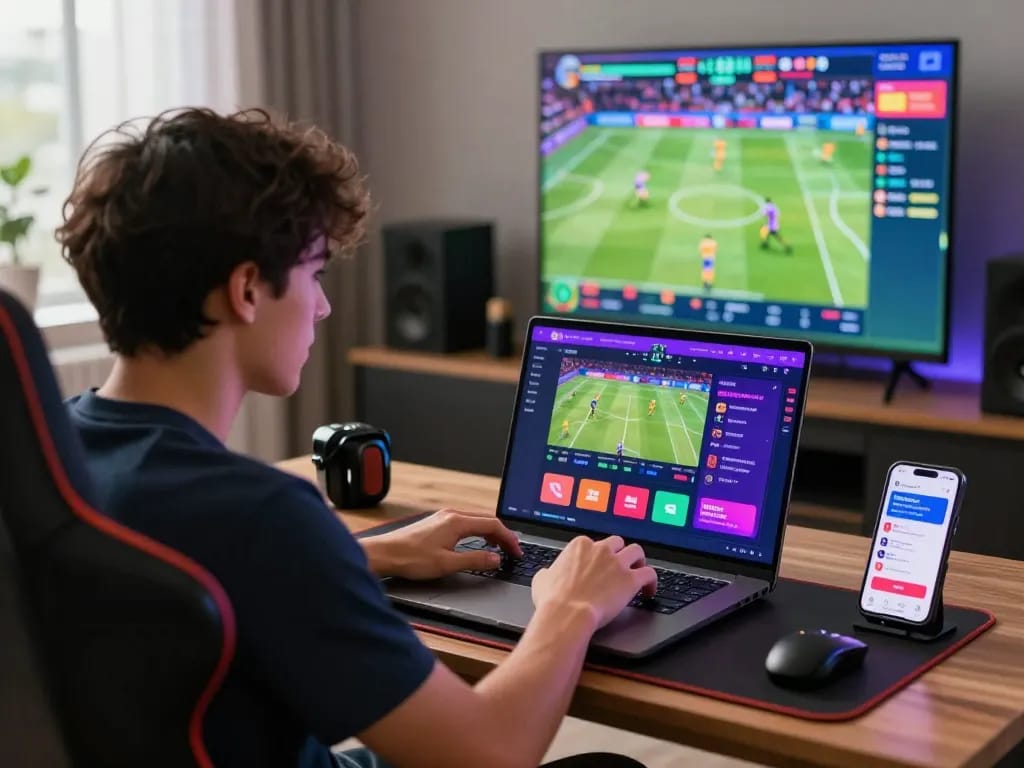 Engaging debet online betting experience with user excitedly placing bets at home