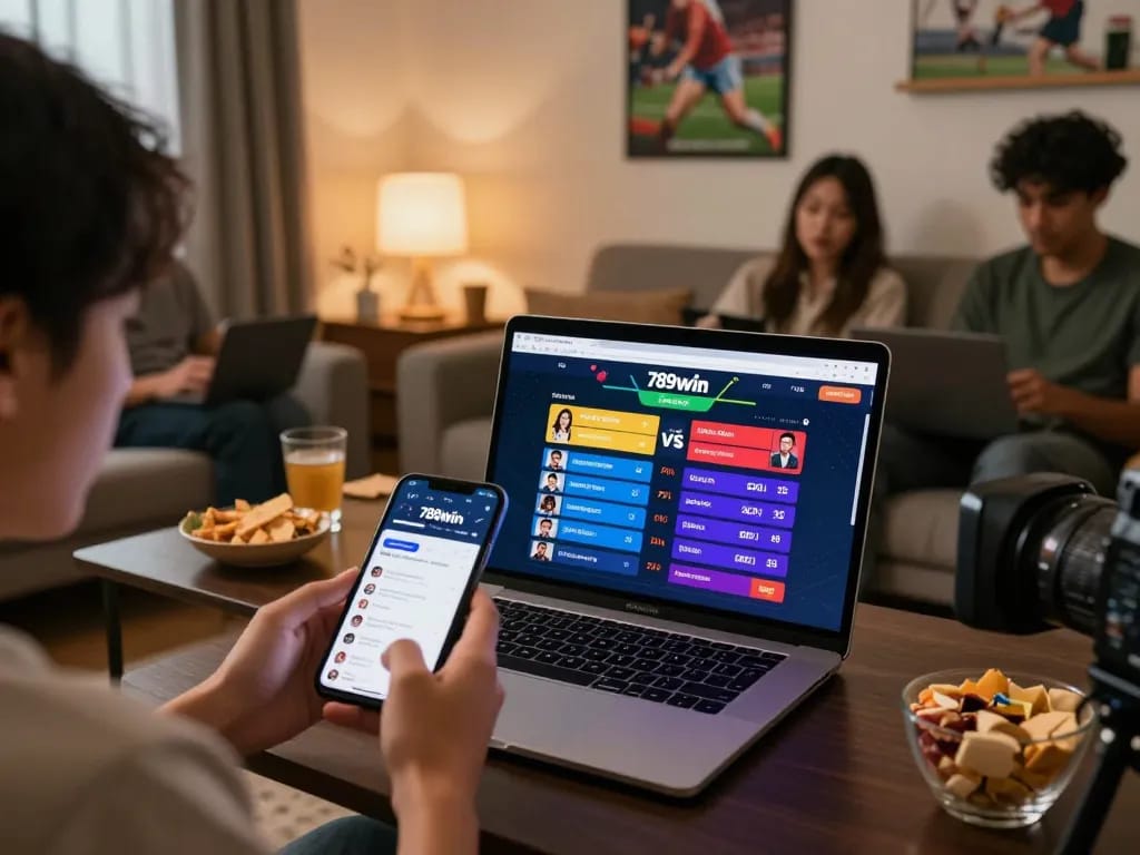 Engaging betting moment on 789win link with smartphone and laptop in cozy living room.