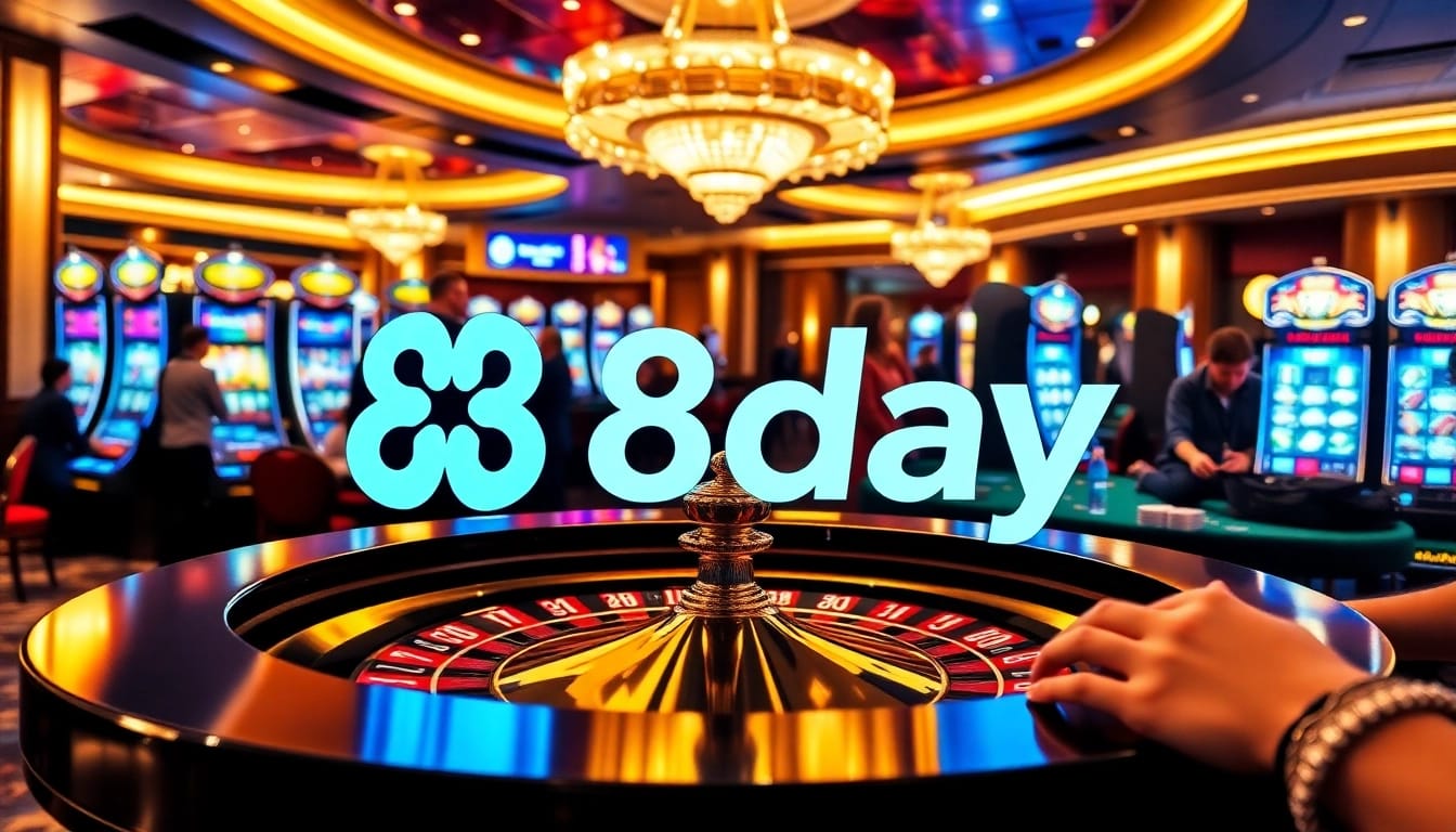 8day players enjoying a thrilling casino experience at a roulette table surrounded by vibrant slot machines.