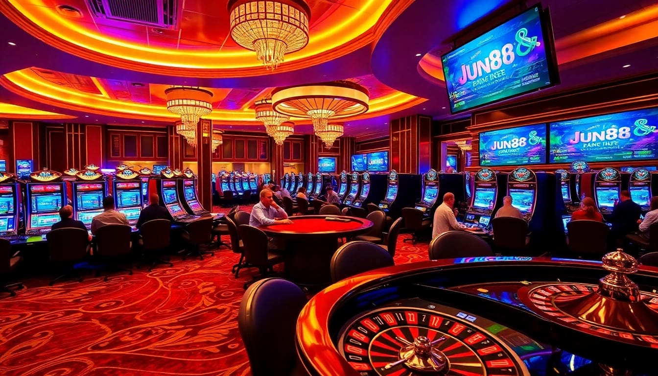 Experience the exhilarating atmosphere of Jun88 with vibrant casino tables and dynamic gaming action.