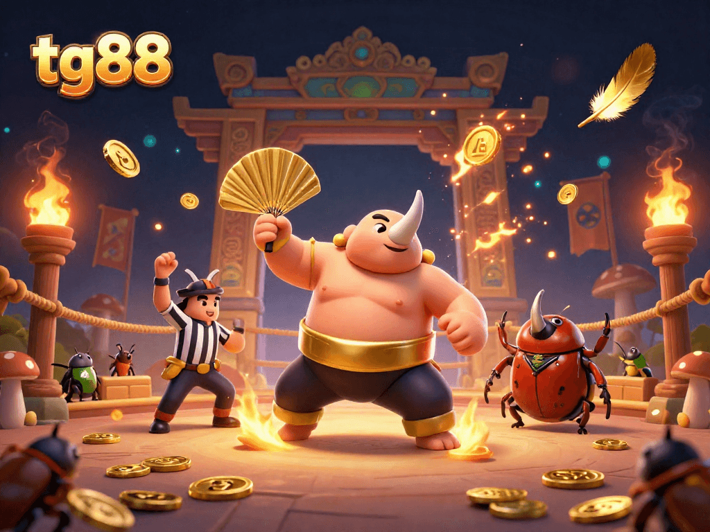 Experience thrilling gameplay at tg88 with a powerful sumo champion beetle and vibrant casino elements.