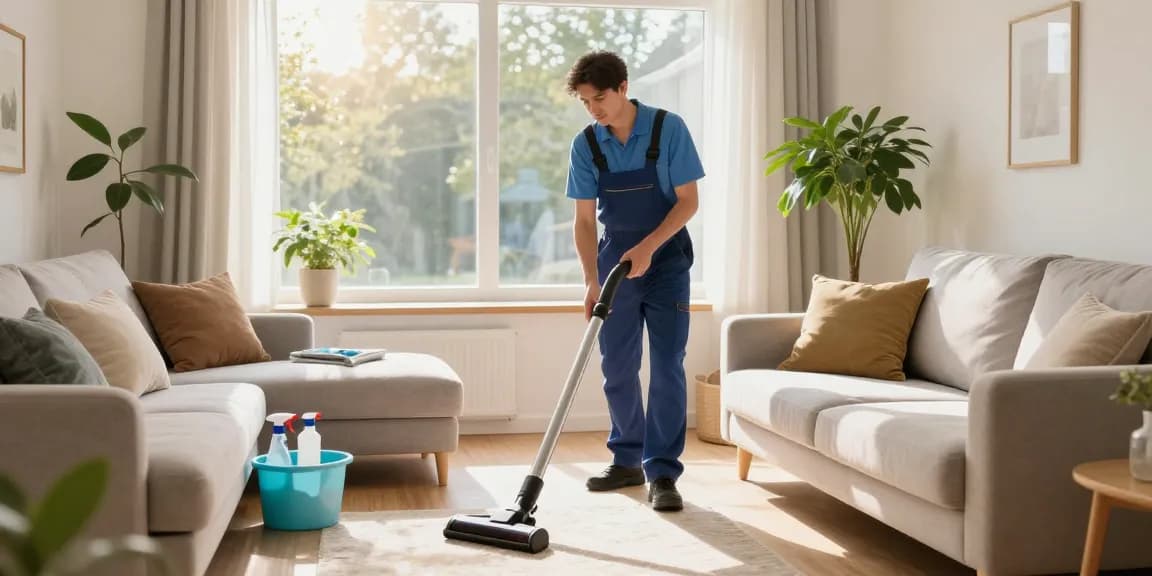 Wohnungsreinigung Solothurn - professional technician cleaning a comfortable living room space with natural light.