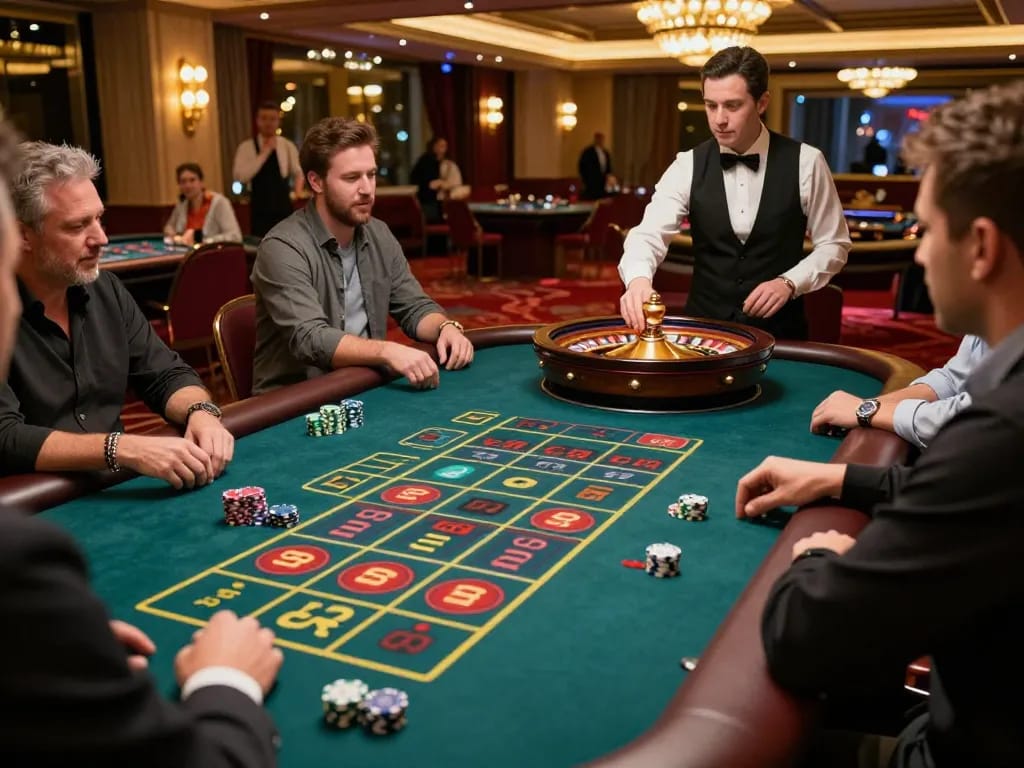 Players engaging in a thrilling roulette game at GK88 casino, showcasing excitement and strategic betting.