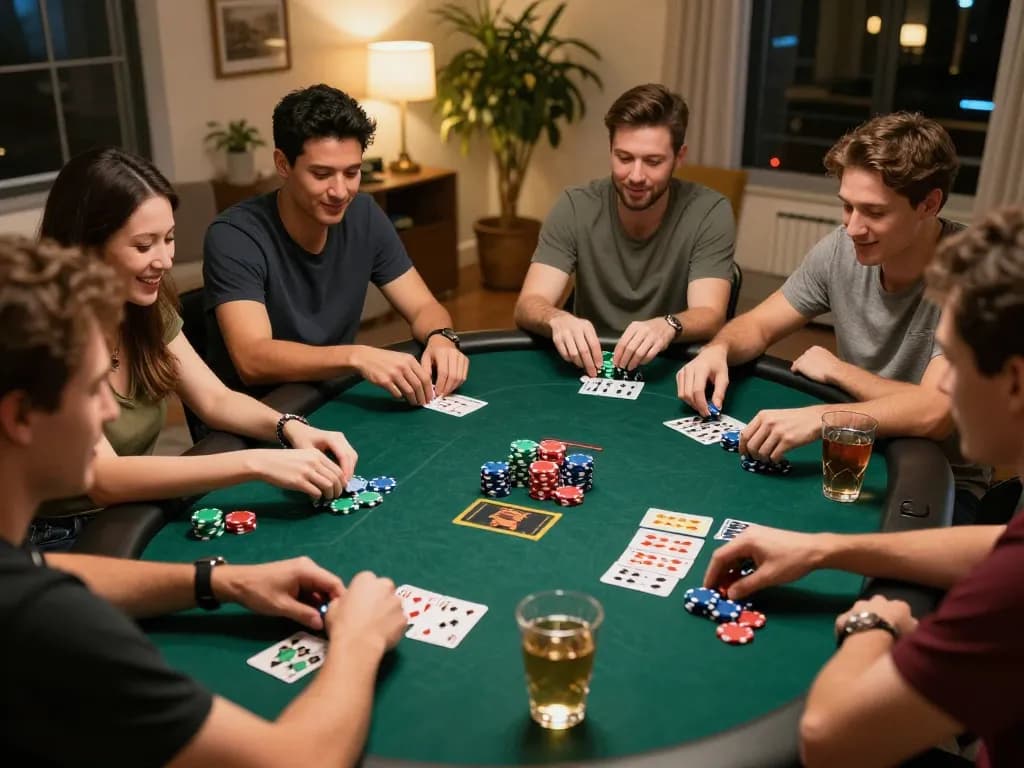 Friends playing poker at home with sunwin-themed gameplay, colorful chips in view, friendly atmosphere.