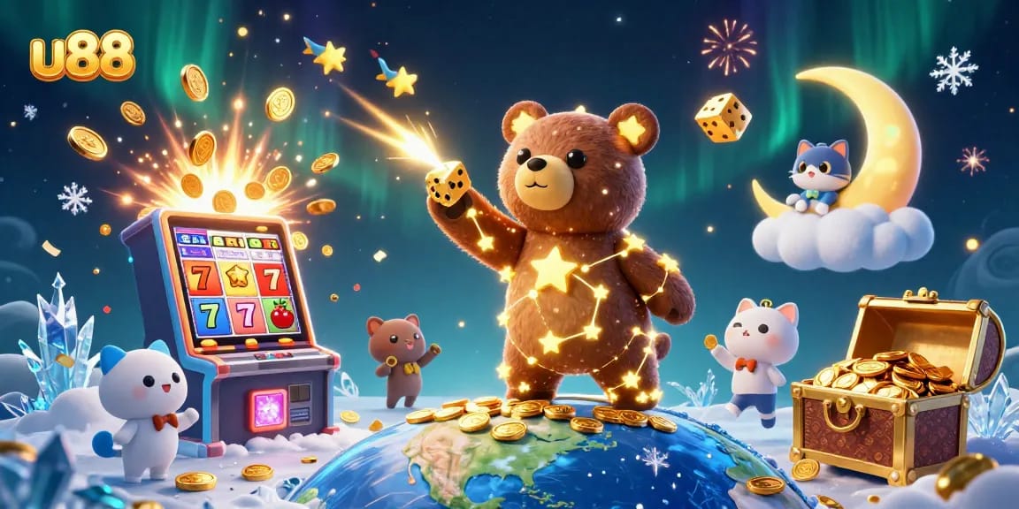 Engage in thrilling games with U88 as a golden constellation bear scoops coins in a vibrant online casino.