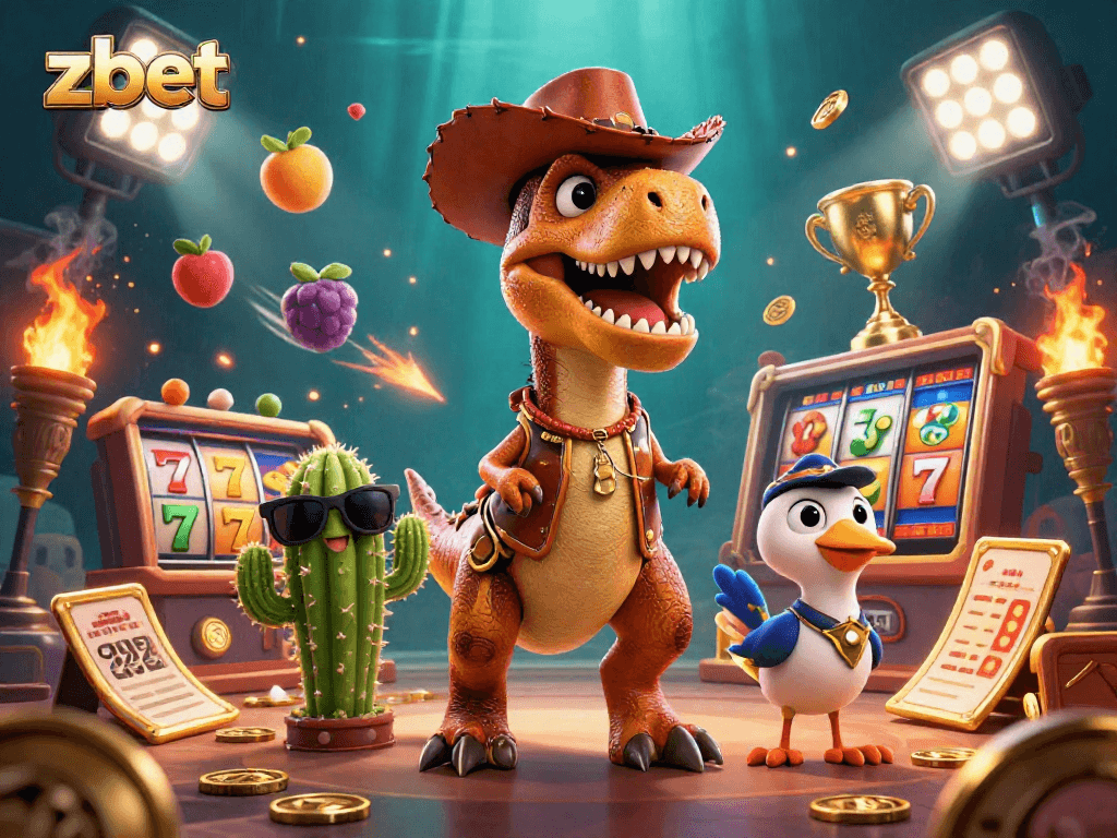 Zbet slot games showcase thrilling action with T-Rex, cactus sidekick, and roadrunner in a vibrant 3D scene.
