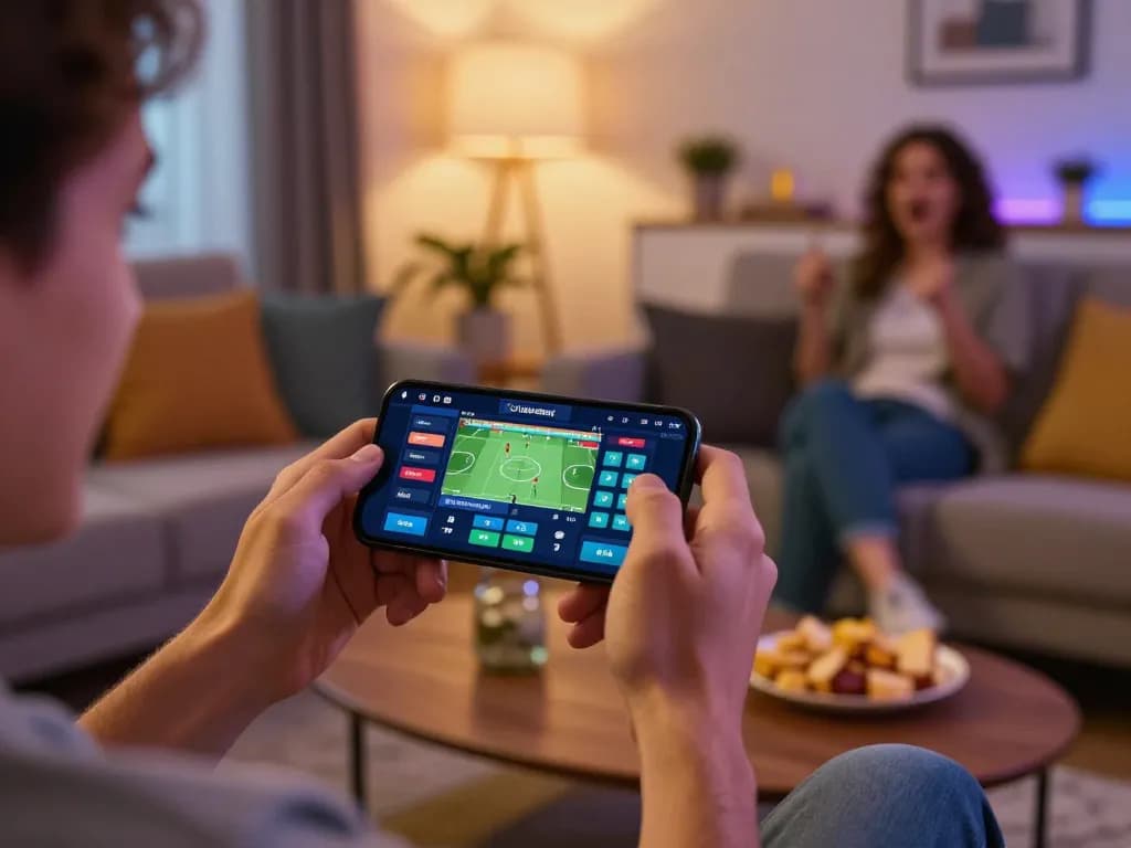 Player enjoying mobile sports betting on da88 app in a cozy living room, showcasing engaging gameplay