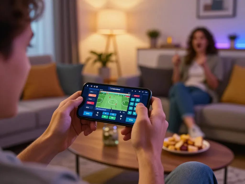 Player enjoying mobile sports betting on da88 app in a cozy living room, showcasing engaging gameplay