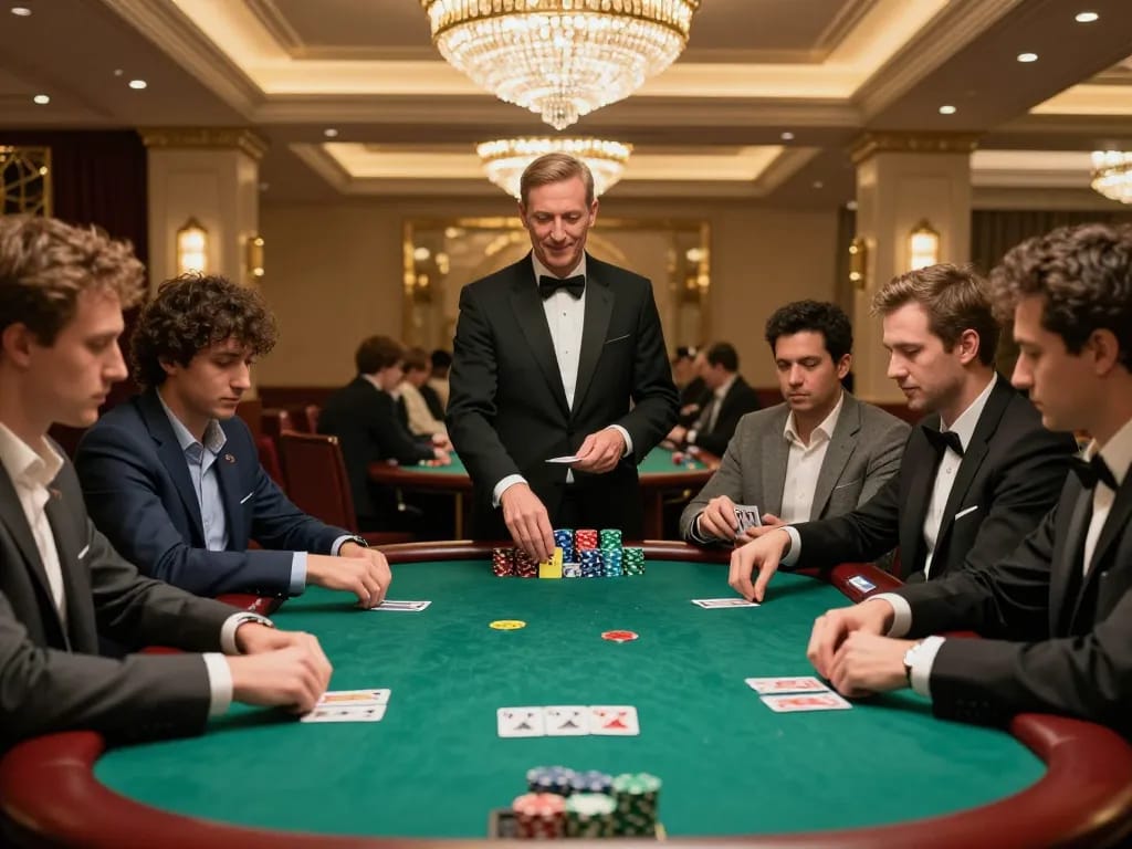 Bester KI Detektor evaluating poker strategies at a luxury casino table with focused players