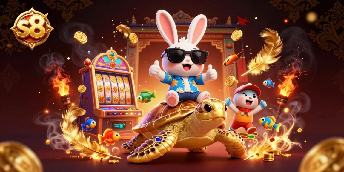 The lucky rabbit enjoys a thrilling ride on a golden turtle at s8 casino, immersed in vibrant gambling action.
