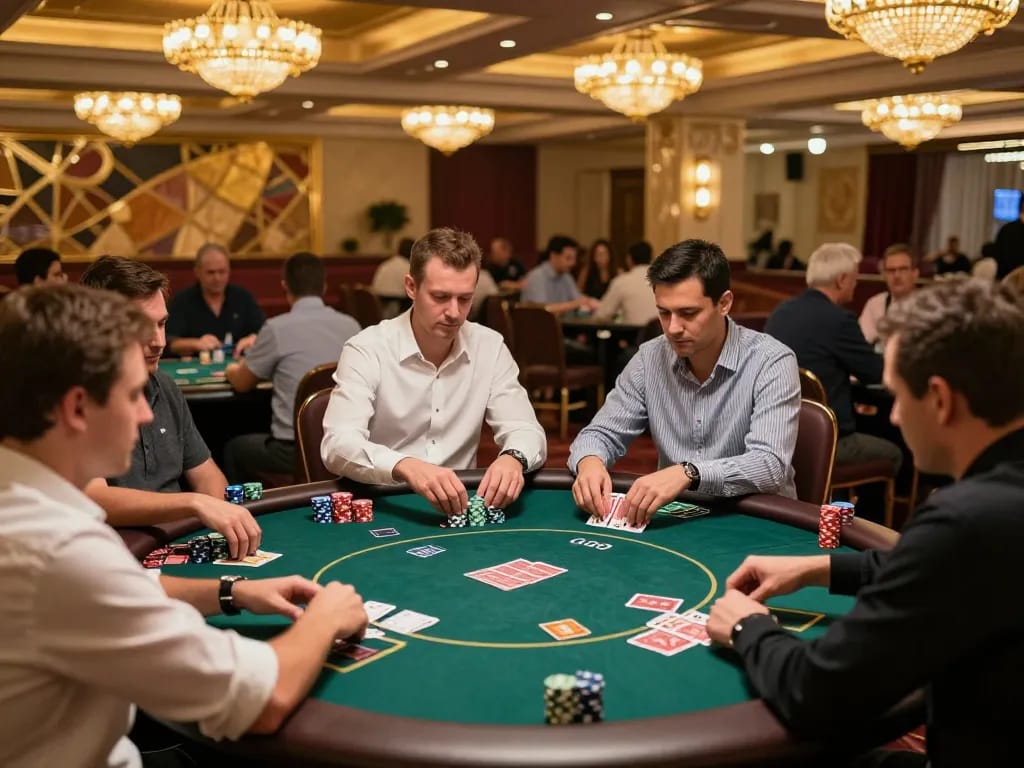 GO8 players immersed in an exciting poker game, showcasing lively casino atmosphere and strategic gameplay.