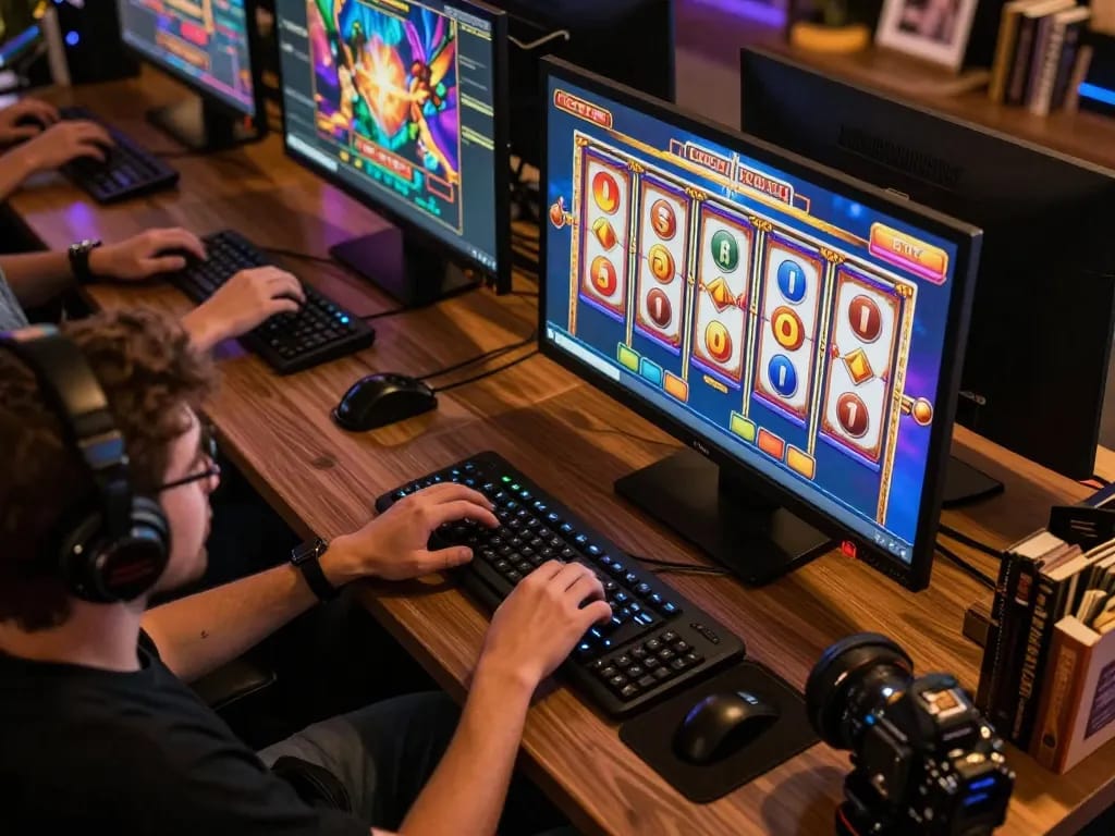 Engaged player spinning slot88 resmi reels on a computer at home, showcasing an exciting online gaming atmosphere