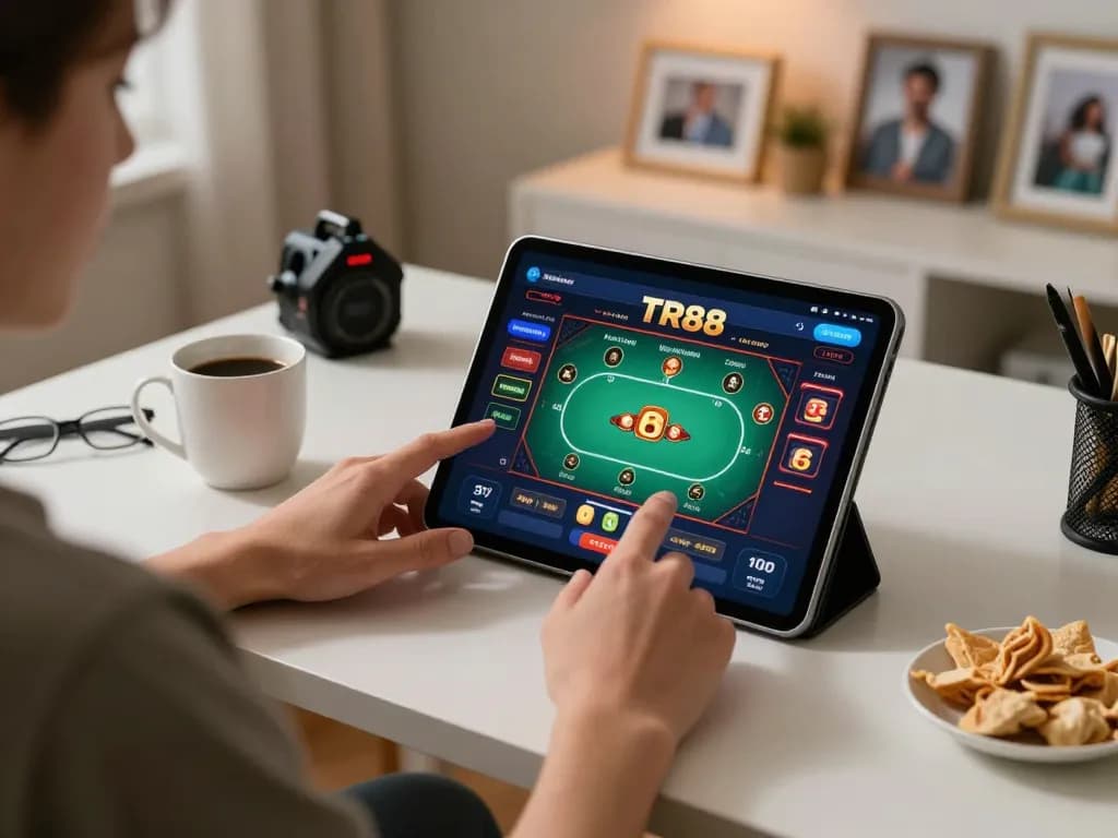 Engaging with the TR88 casino app on a tablet during a cozy home gaming session.