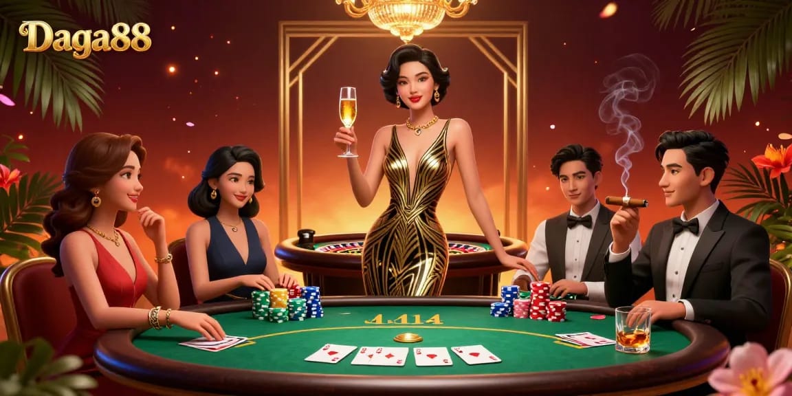 Daga88 showcases an elegant Asian woman in a glamorous casino setting, engaging in a vibrant gamble with poker and roulette elements.