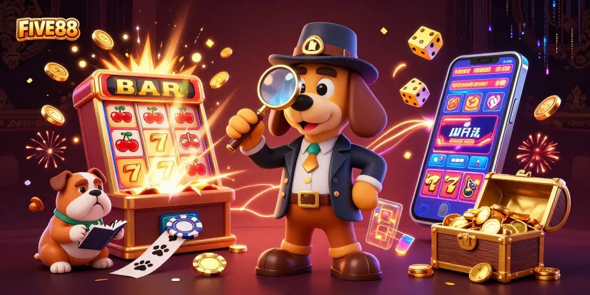 Join the action at FIVE88 with a detective and his bulldog uncovering casino treasures!