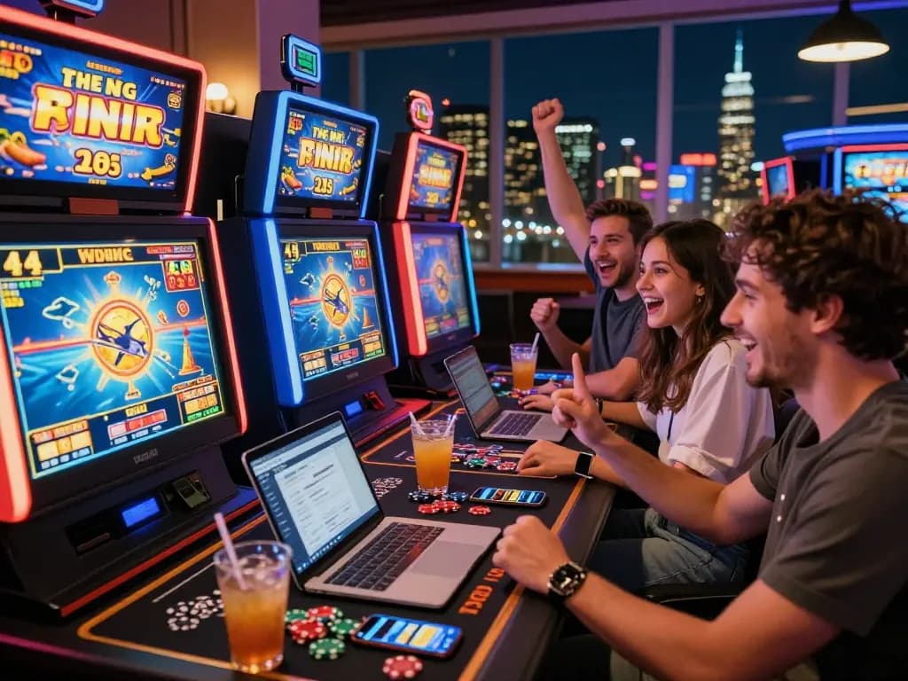 79King gaming experience in a lively casino environment with friends celebrating a win.