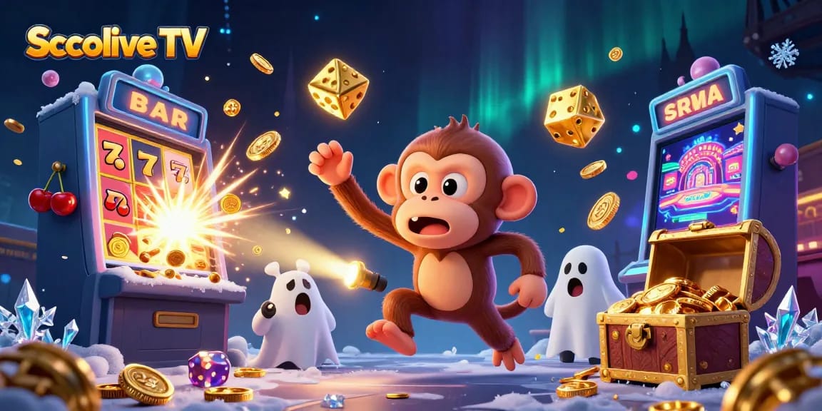 Socolive TV showcases an energetic scene of a playful monkey and a curious puppy navigating a vibrant casino atmosphere with rich visuals.