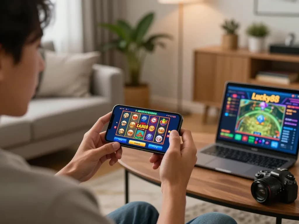 Engaging with the Lucky88 app on a smartphone, showcasing vibrant online gaming.